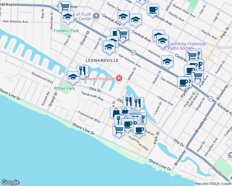 map of restaurants, bars, coffee shops, grocery stores, and more near 2031 Otis Drive in Alameda