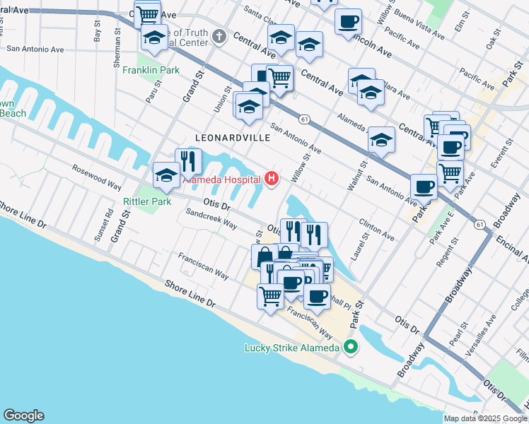 map of restaurants, bars, coffee shops, grocery stores, and more near 2035 Otis Drive in Alameda