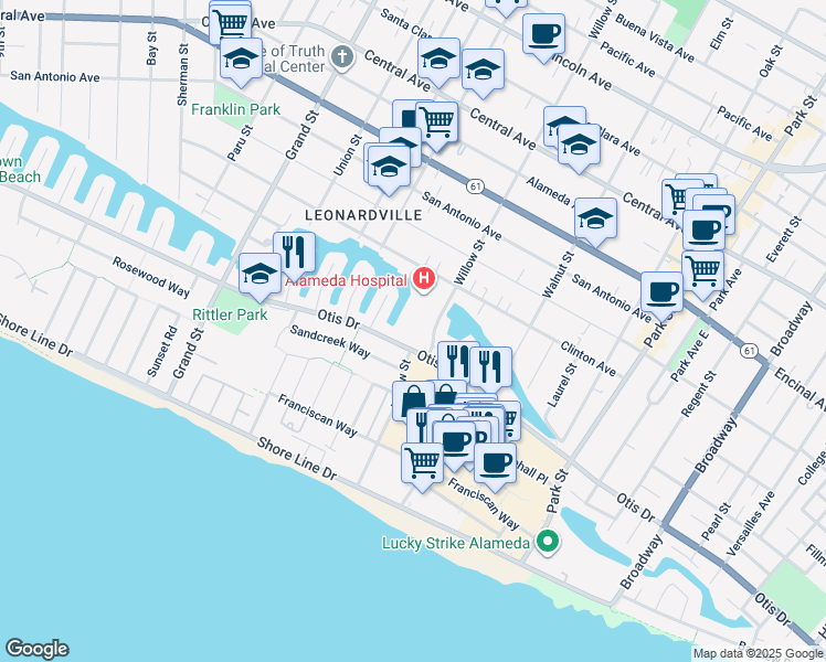 map of restaurants, bars, coffee shops, grocery stores, and more near 2051 Otis Drive in Alameda