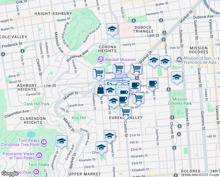 map of restaurants, bars, coffee shops, grocery stores, and more near 51 Diamond Street in San Francisco