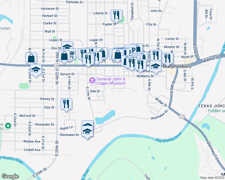 map of restaurants, bars, coffee shops, grocery stores, and more near Denny Circle Drive in Murphysboro