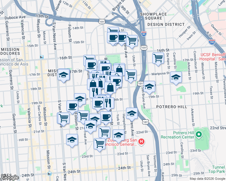 map of restaurants, bars, coffee shops, grocery stores, and more near 2711 18th Street in San Francisco