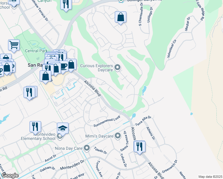map of restaurants, bars, coffee shops, grocery stores, and more near 2030 Canyon Woods Drive in San Ramon