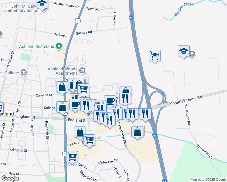 map of restaurants, bars, coffee shops, grocery stores, and more near 891 Sweet Tessa Drive in Ashland