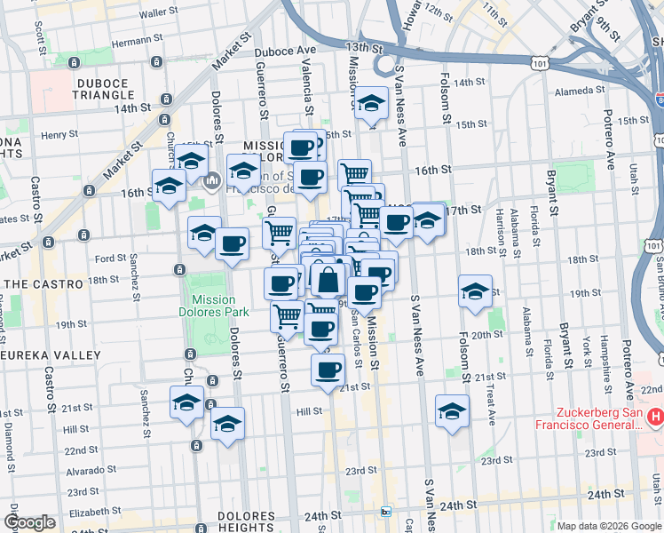 map of restaurants, bars, coffee shops, grocery stores, and more near 3475 18th Street in San Francisco
