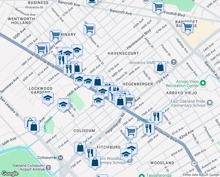 map of restaurants, bars, coffee shops, grocery stores, and more near 1515 69th Avenue in Oakland