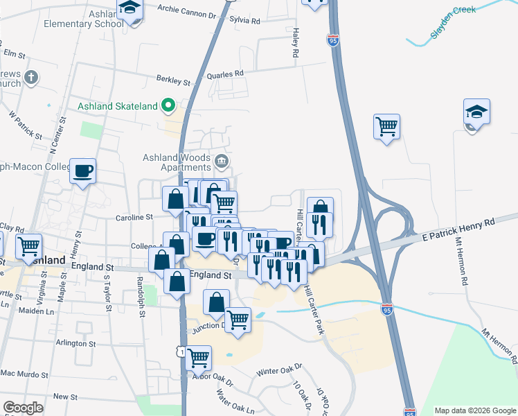 map of restaurants, bars, coffee shops, grocery stores, and more near 826 Sweet Tessa Drive in Ashland