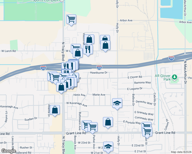 map of restaurants, bars, coffee shops, grocery stores, and more near 286 West Clover Road in Tracy