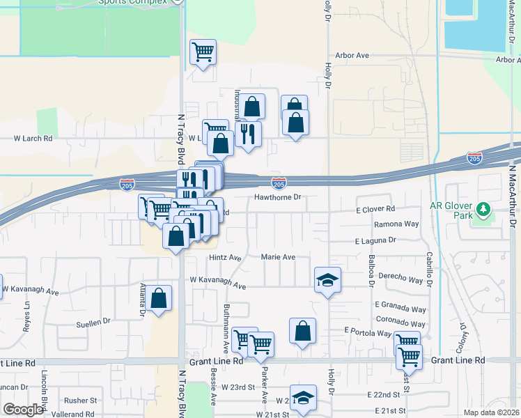map of restaurants, bars, coffee shops, grocery stores, and more near 286 West Clover Road in Tracy