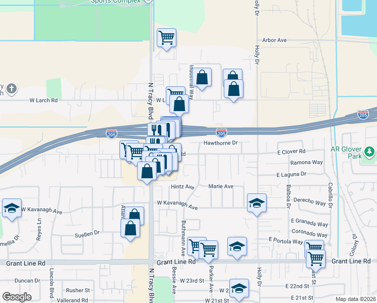 map of restaurants, bars, coffee shops, grocery stores, and more near 455 Gabriel Drive in Tracy