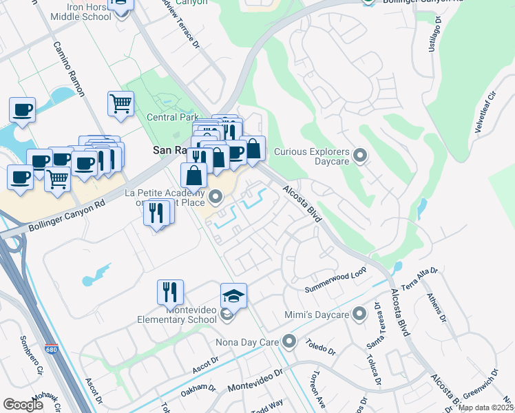 map of restaurants, bars, coffee shops, grocery stores, and more near 960 Springview Circle in San Ramon