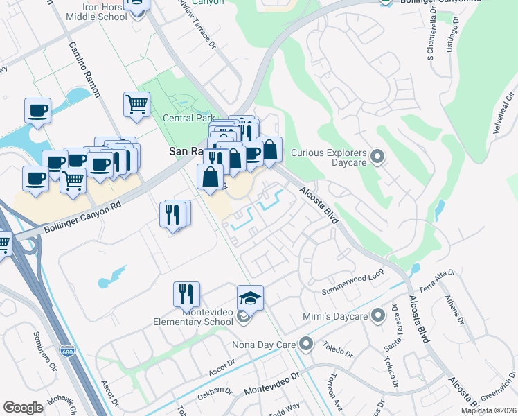 map of restaurants, bars, coffee shops, grocery stores, and more near 315 Reflections Circle in San Ramon