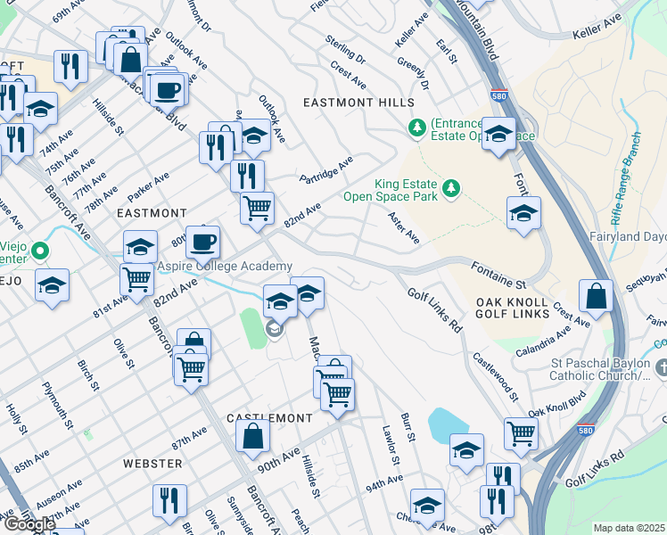 map of restaurants, bars, coffee shops, grocery stores, and more near 2700 E.C. Reems Court in Oakland