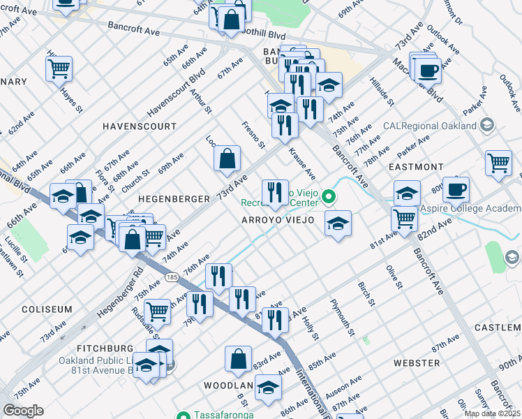 map of restaurants, bars, coffee shops, grocery stores, and more near 7629 Lockwood Street in Oakland