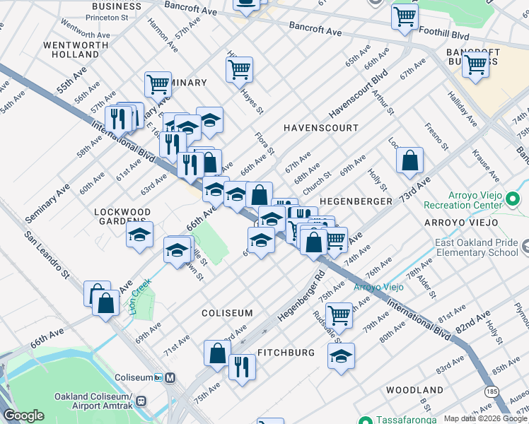 map of restaurants, bars, coffee shops, grocery stores, and more near 6833 International Boulevard in Oakland