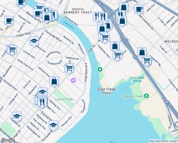 map of restaurants, bars, coffee shops, grocery stores, and more near 3305 Fernside Boulevard in Alameda
