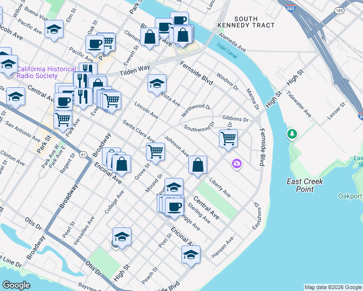 map of restaurants, bars, coffee shops, grocery stores, and more near 2863 Santa Clara Avenue in Alameda
