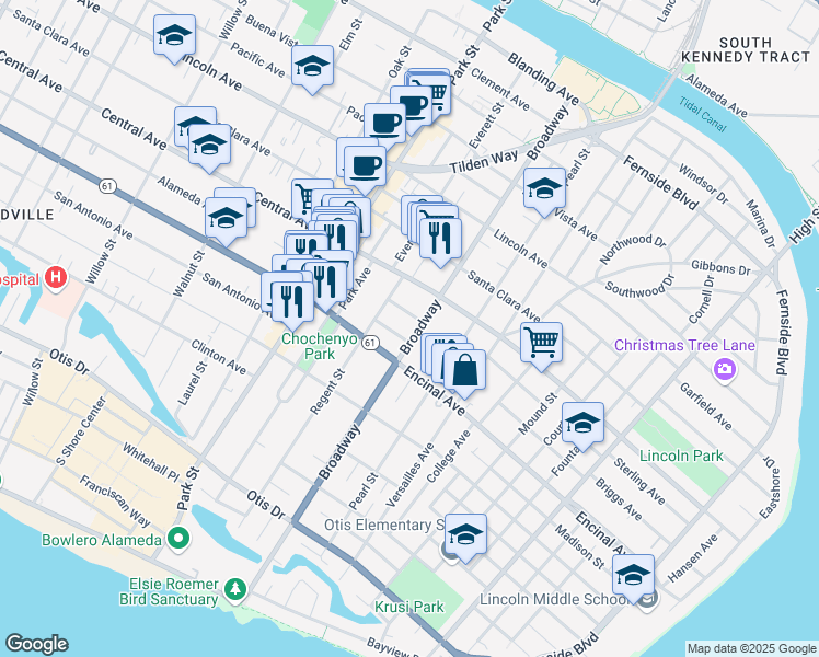 map of restaurants, bars, coffee shops, grocery stores, and more near 1307 Broadway in Alameda