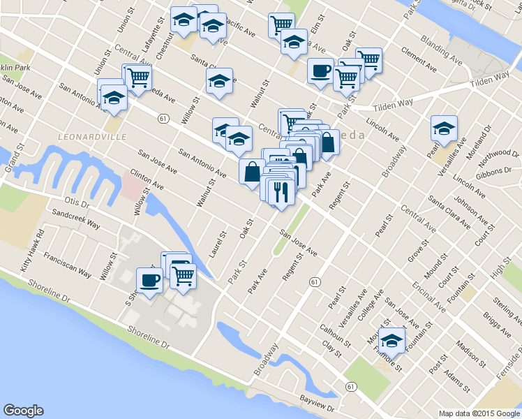 map of restaurants, bars, coffee shops, grocery stores, and more near 2309 San Jose Avenue in Alameda