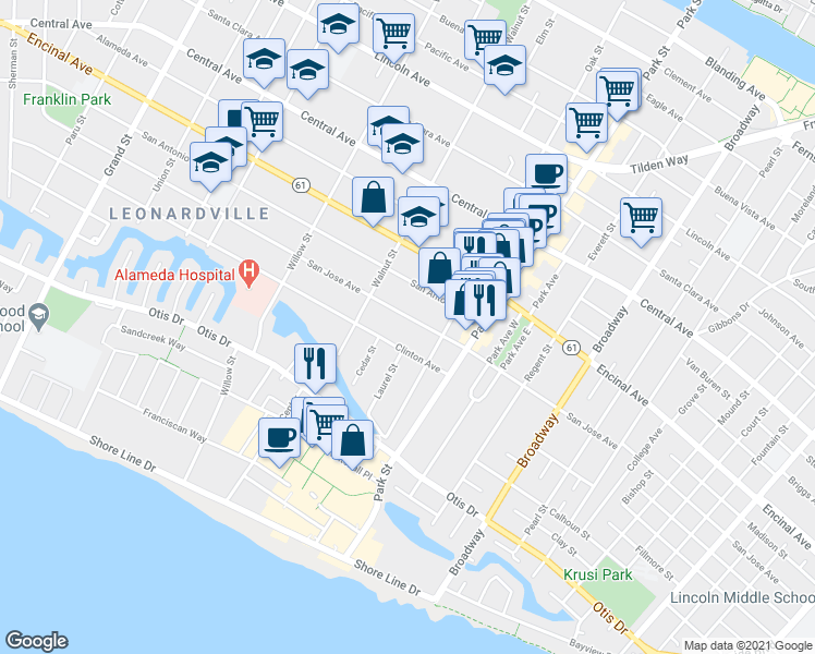 map of restaurants, bars, coffee shops, grocery stores, and more near 2236 Clinton Avenue in Alameda