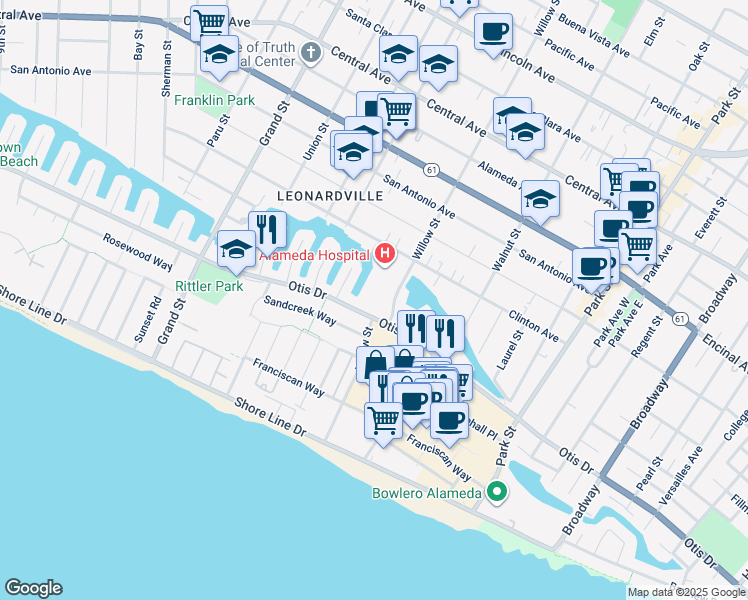 map of restaurants, bars, coffee shops, grocery stores, and more near 2041 Otis Drive in Alameda