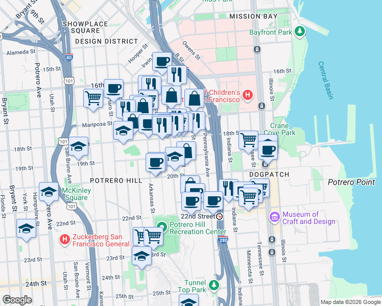 map of restaurants, bars, coffee shops, grocery stores, and more near 418 Texas Street in San Francisco