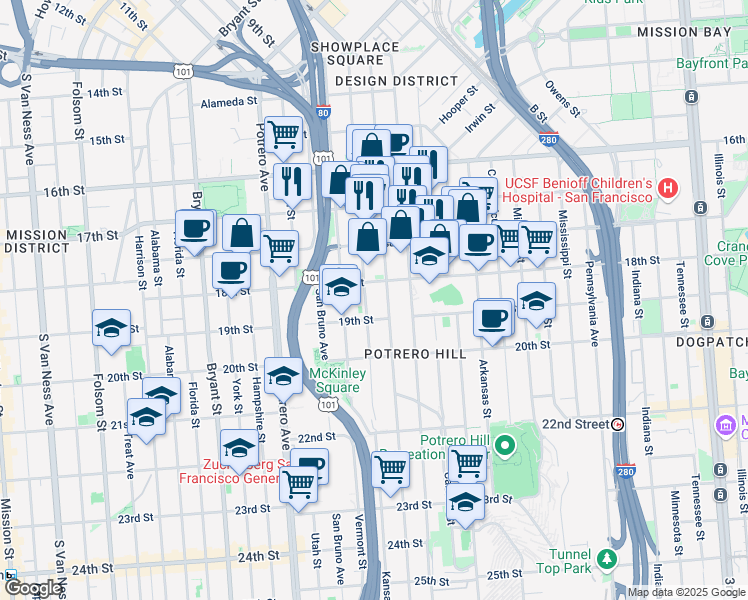 map of restaurants, bars, coffee shops, grocery stores, and more near 2106 19th Street in San Francisco
