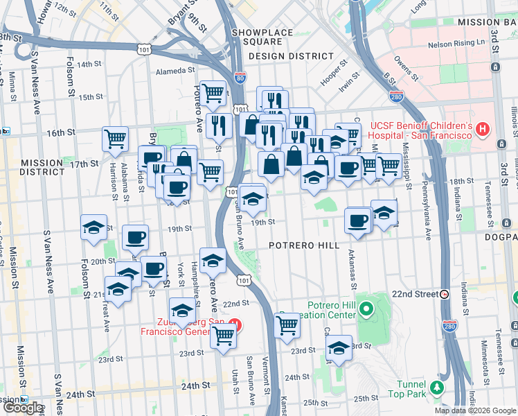 map of restaurants, bars, coffee shops, grocery stores, and more near 2214 19th Street in San Francisco