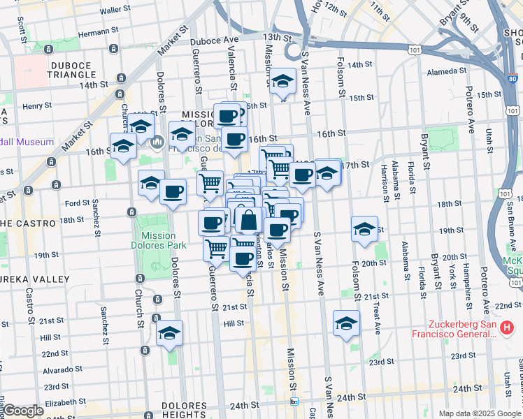 map of restaurants, bars, coffee shops, grocery stores, and more near 144 Lexington Street in San Francisco