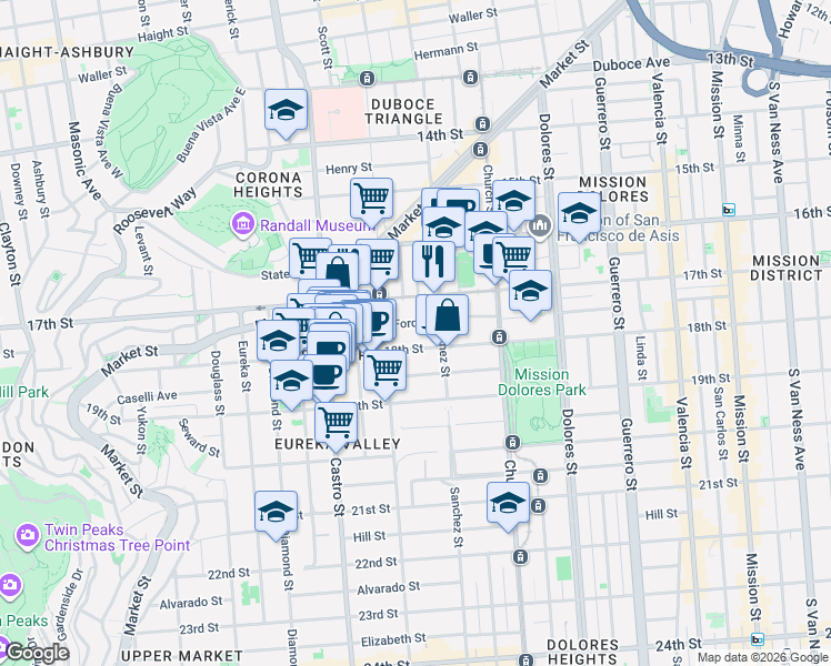 map of restaurants, bars, coffee shops, grocery stores, and more near 3935 18th Street in San Francisco