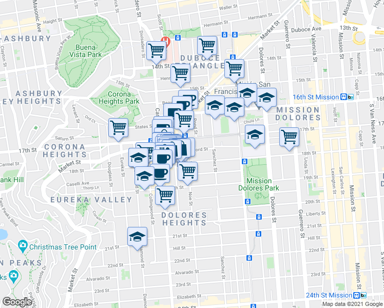 map of restaurants, bars, coffee shops, grocery stores, and more near 4047 18th Street in San Francisco