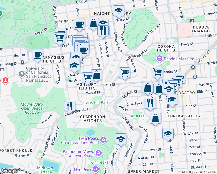 map of restaurants, bars, coffee shops, grocery stores, and more near 1250 Clayton Street in San Francisco