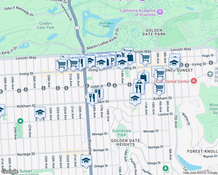 map of restaurants, bars, coffee shops, grocery stores, and more near 1442 16th Avenue in San Francisco