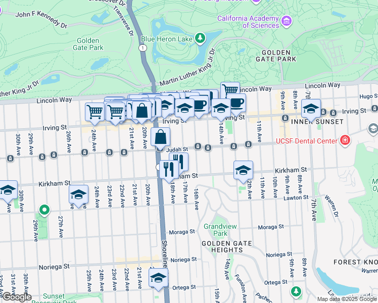 map of restaurants, bars, coffee shops, grocery stores, and more near 1445 17th Avenue in San Francisco