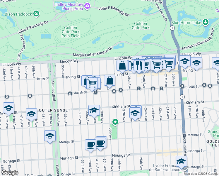 map of restaurants, bars, coffee shops, grocery stores, and more near 1405 28th Avenue in San Francisco