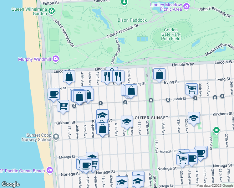 map of restaurants, bars, coffee shops, grocery stores, and more near 1382 41st Avenue in San Francisco