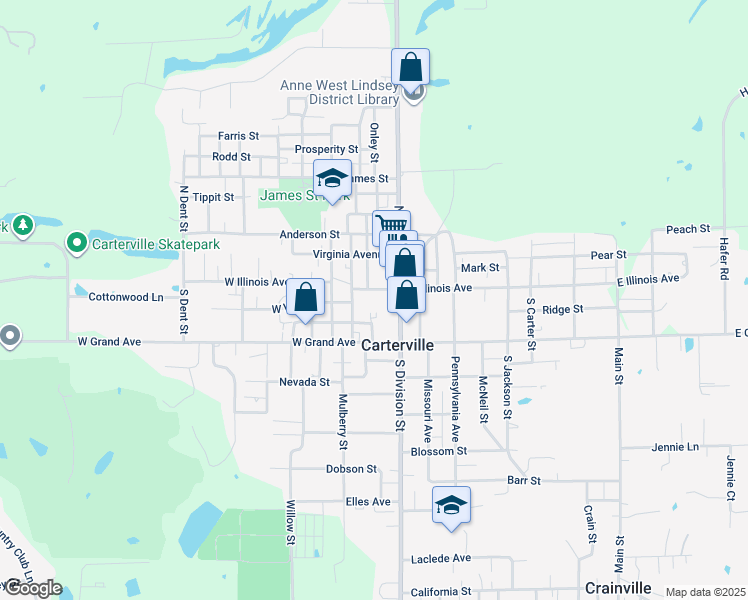 map of restaurants, bars, coffee shops, grocery stores, and more near 214 South Olive Street in Carterville