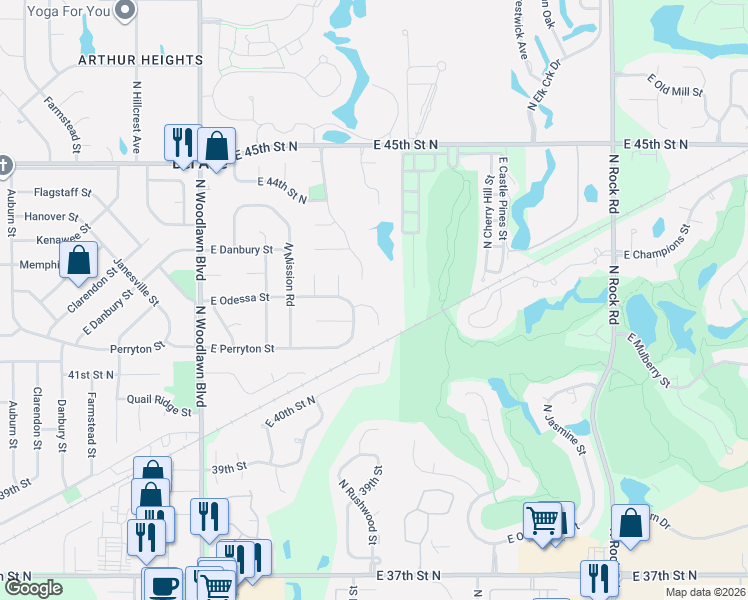 map of restaurants, bars, coffee shops, grocery stores, and more near 4212 North Rushwood Street in Bel Aire