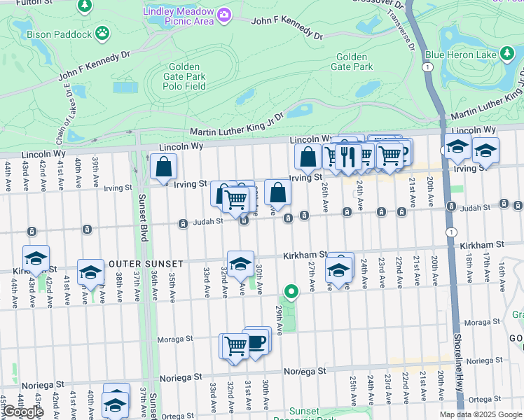 map of restaurants, bars, coffee shops, grocery stores, and more near 1378 30th Avenue in San Francisco