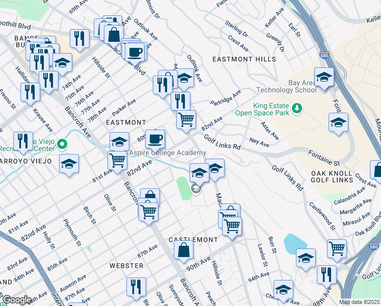 map of restaurants, bars, coffee shops, grocery stores, and more near 2532 83rd Avenue in Oakland