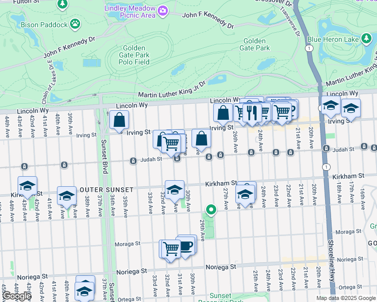 map of restaurants, bars, coffee shops, grocery stores, and more near 1378 30th Avenue in San Francisco