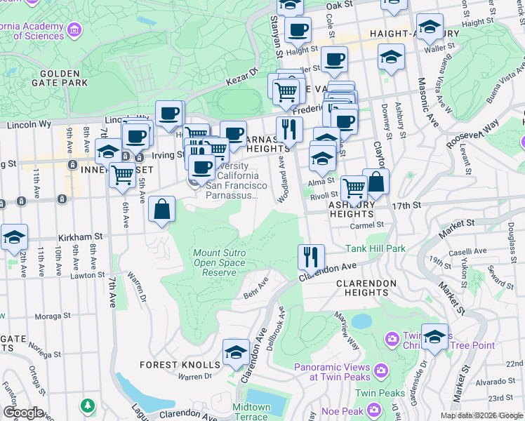 map of restaurants, bars, coffee shops, grocery stores, and more near 1569 Willard Street in San Francisco