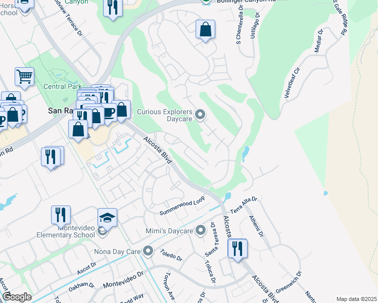 map of restaurants, bars, coffee shops, grocery stores, and more near 2030 Canyon Woods Drive in San Ramon