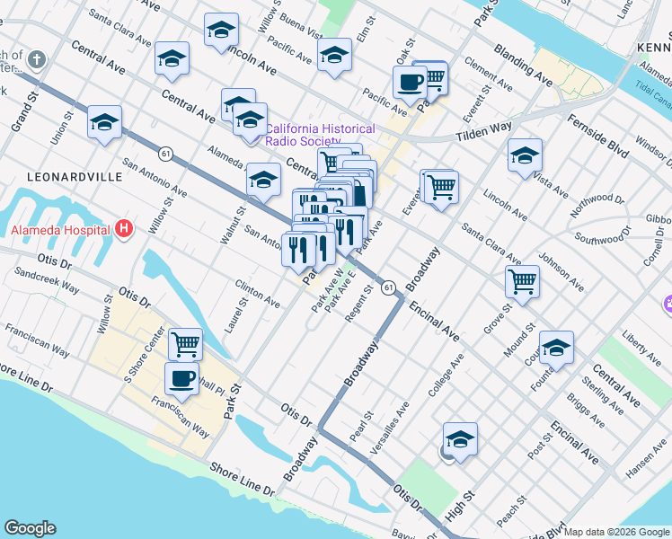 map of restaurants, bars, coffee shops, grocery stores, and more near 1241 Park Avenue East in Alameda