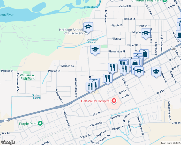 map of restaurants, bars, coffee shops, grocery stores, and more near 1599 Pontiac Street in Oakdale