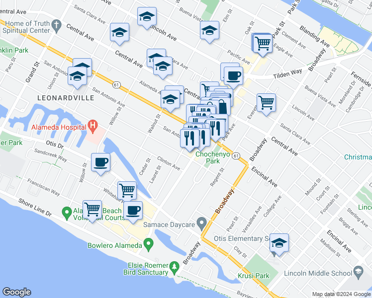 map of restaurants, bars, coffee shops, grocery stores, and more near 1010 Oak Street in Alameda