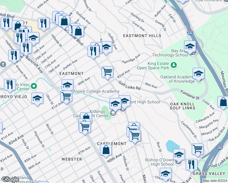 map of restaurants, bars, coffee shops, grocery stores, and more near 8311 MacArthur Boulevard in Oakland