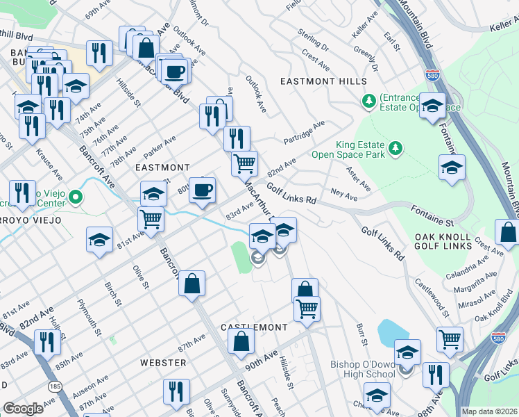 map of restaurants, bars, coffee shops, grocery stores, and more near 8311 MacArthur Boulevard in Oakland