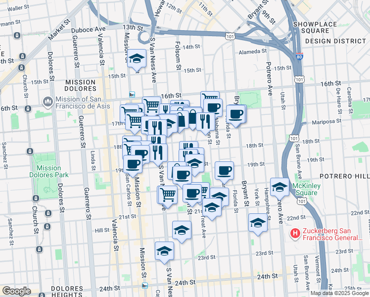map of restaurants, bars, coffee shops, grocery stores, and more near Folsom Street in San Francisco