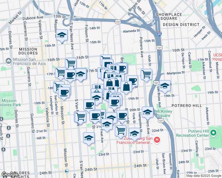 map of restaurants, bars, coffee shops, grocery stores, and more near 18th Street & Alabama Street in San Francisco
